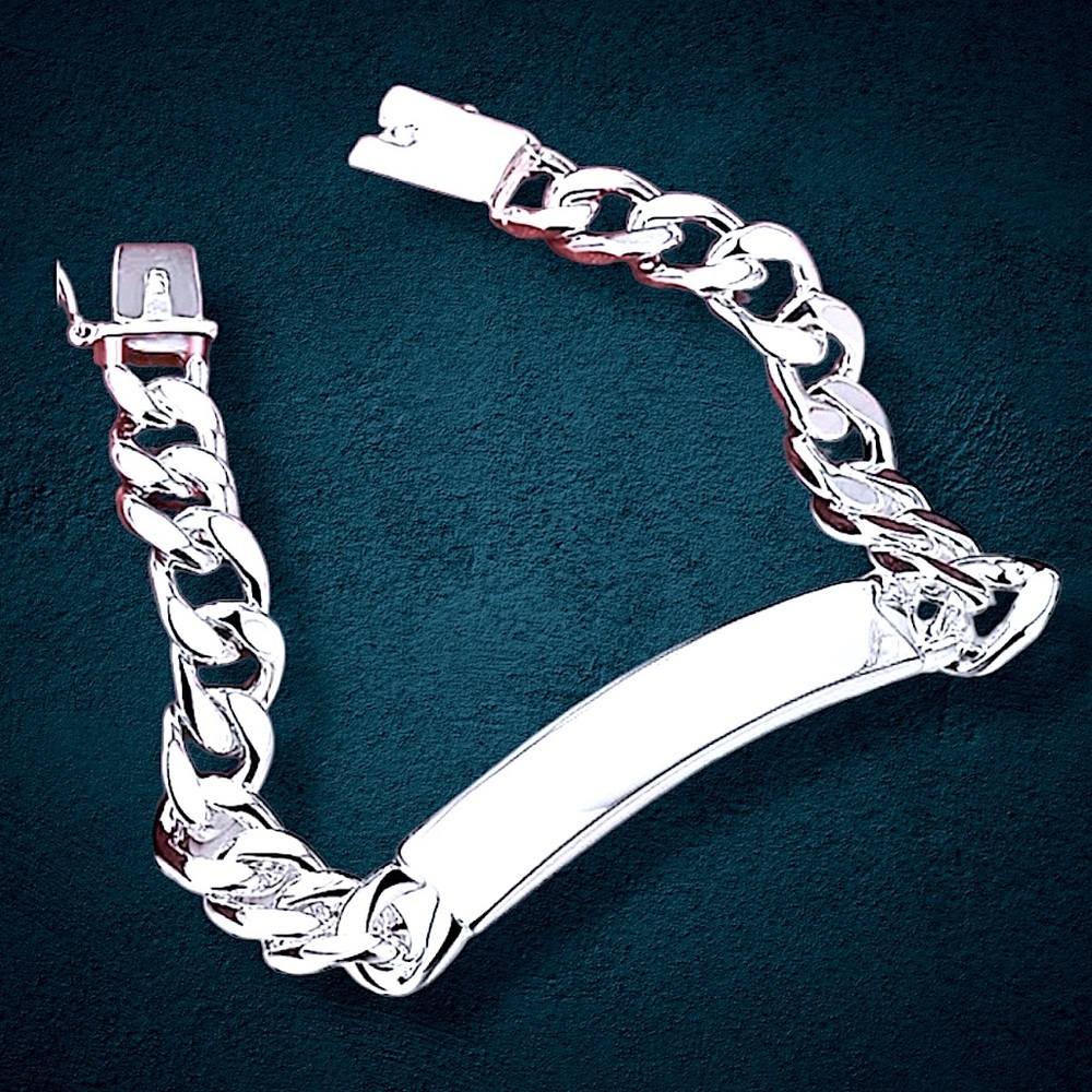 Unisex Sterling Silver 10mm Nameplate Bracelet Cuban Chain Link Sizes Va…